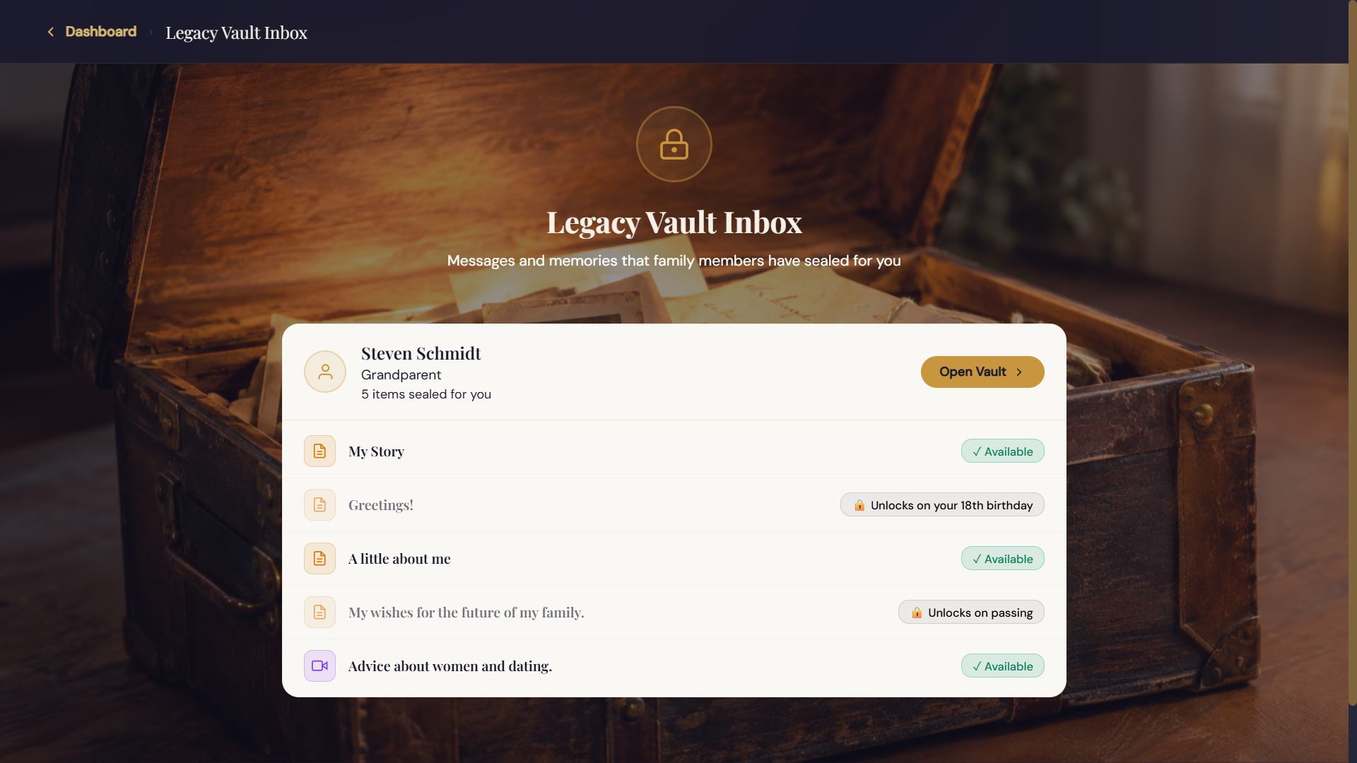 Vault Inbox screen